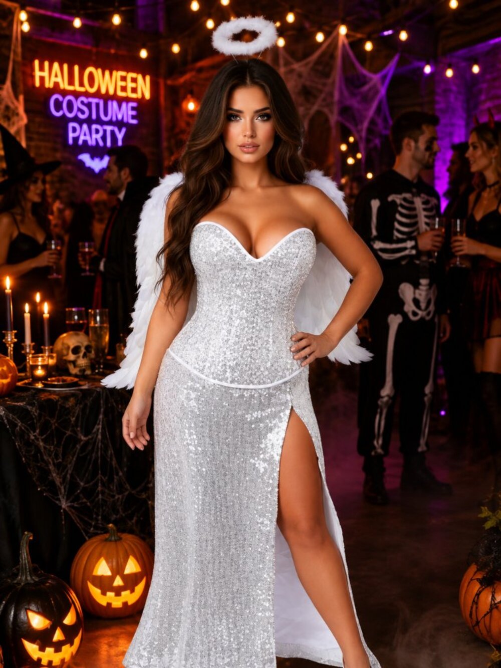 Women's Glam Angel Costume | White Sequin Halo & Wings Halloween Set